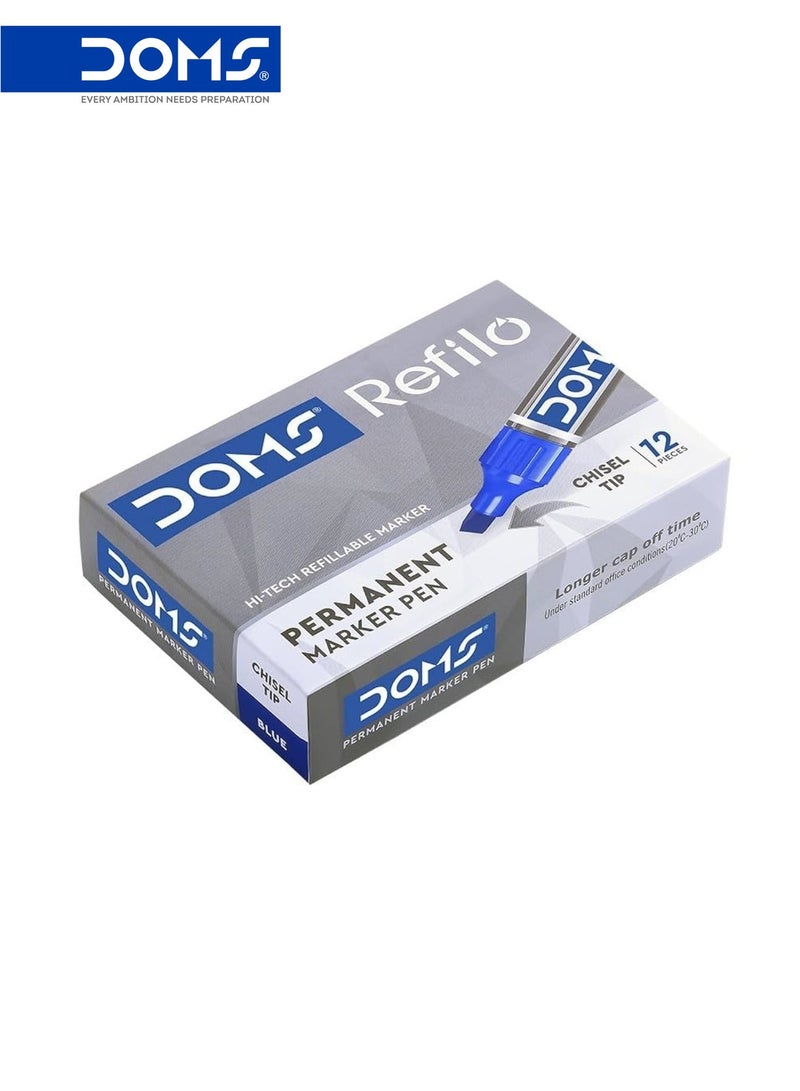 DOMS Permanent Marker Pen, Blue Ink, Chisel Tip, Refillable, Pack of 12 - Image 3